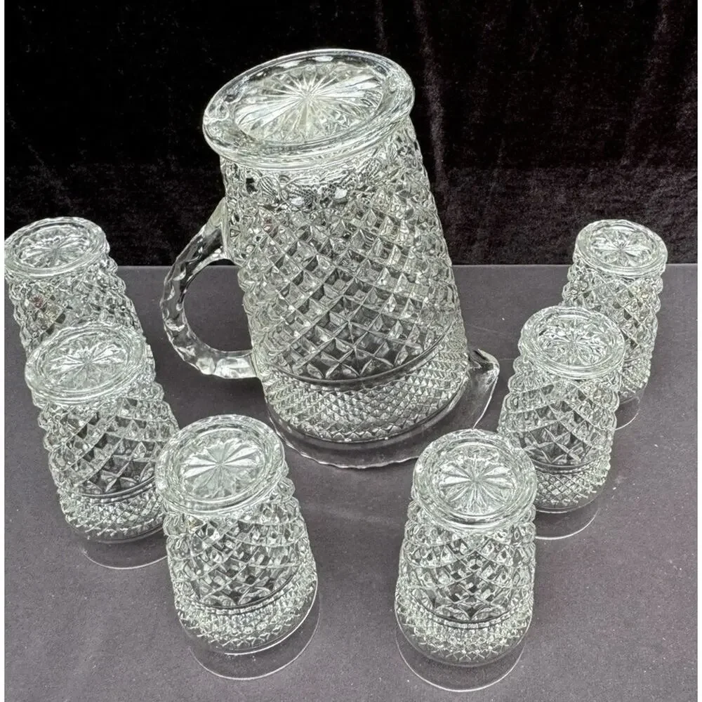 Anchor Hocking Wexford Diamond Cut Glass Vintage Pitcher & 6 Glasses EUC -8/28